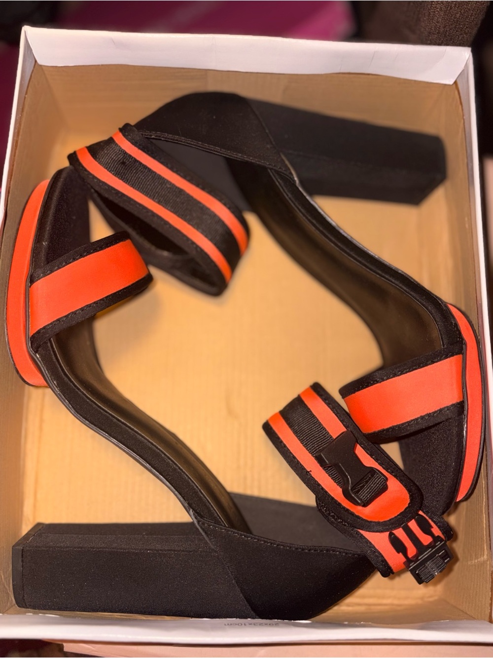 Women's Black Block Heel Sandals with Orange Accent Straps